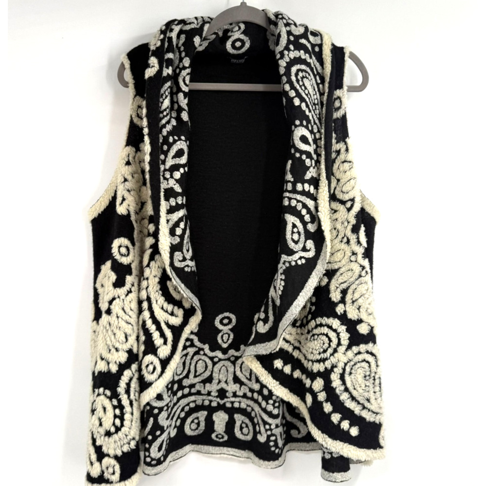 Art of Cloth Cardigan Women OS Black White Paisley Knit Waterfall Open Front USA